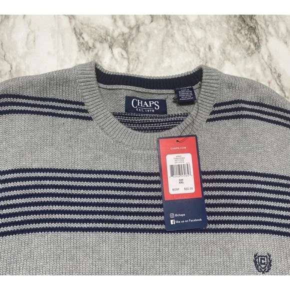 CHAPS Sweater Mens Size 2XL Gray Navy Striped Embroidered Logo NWT - Picture 2 of 9